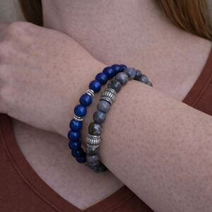 Healing Gem Stone Blue and Gray Beaded Bracelet Set